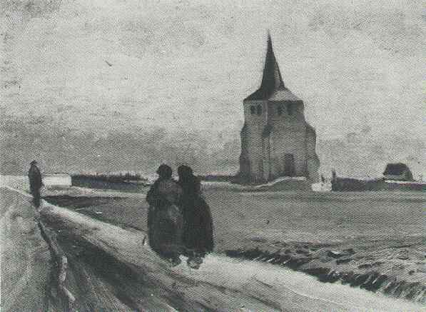 Картина Ван Гога Старая башня в Нюэнен и прогуливающиеся люди 1884